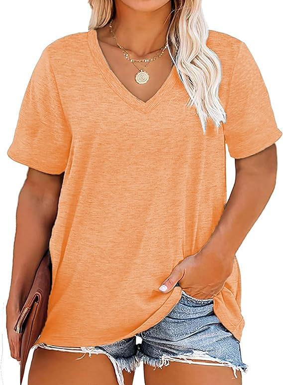 🔥Plus size v neck t shirt women short sleeve tops casual summer