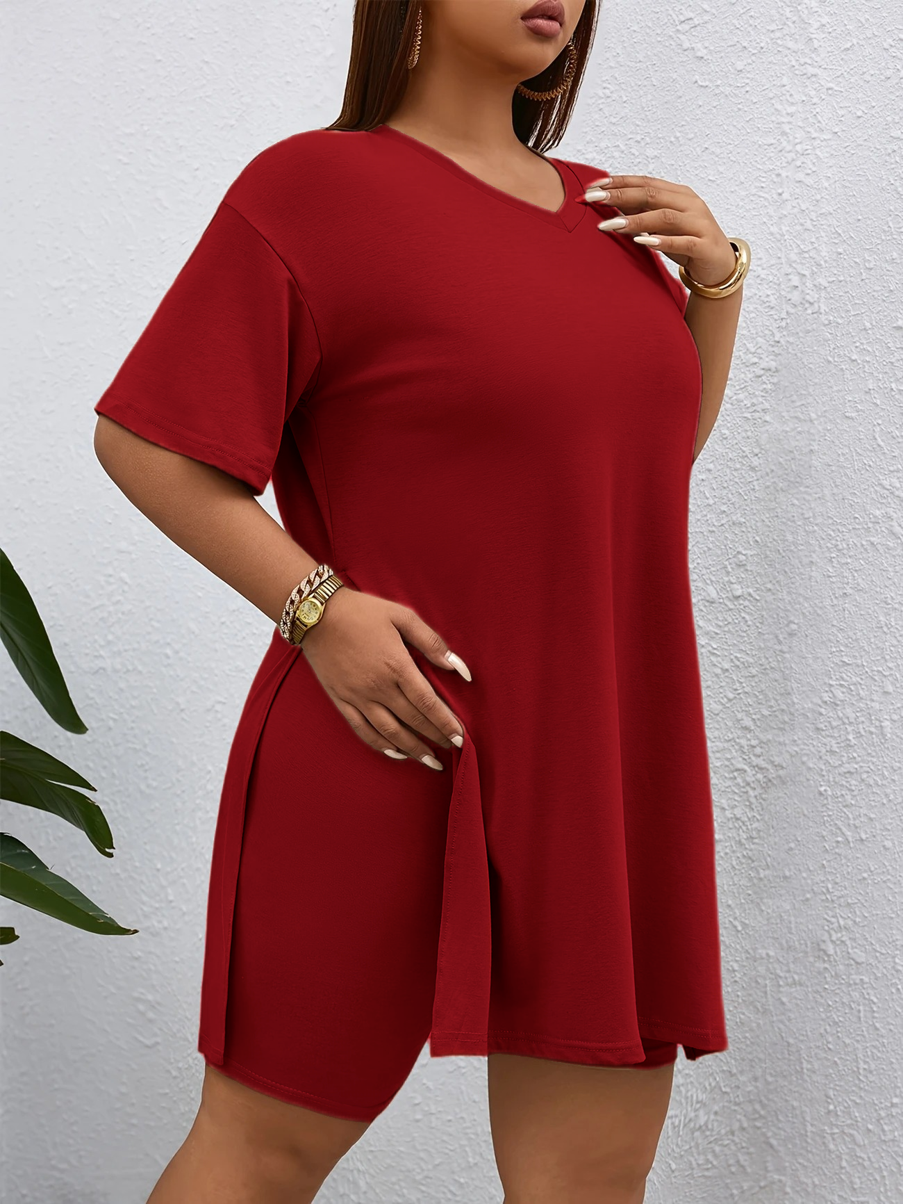 Women's 2-Piece Lounge Set Casual Oversized V-Neck Tops and High Waisted Shorts Set
