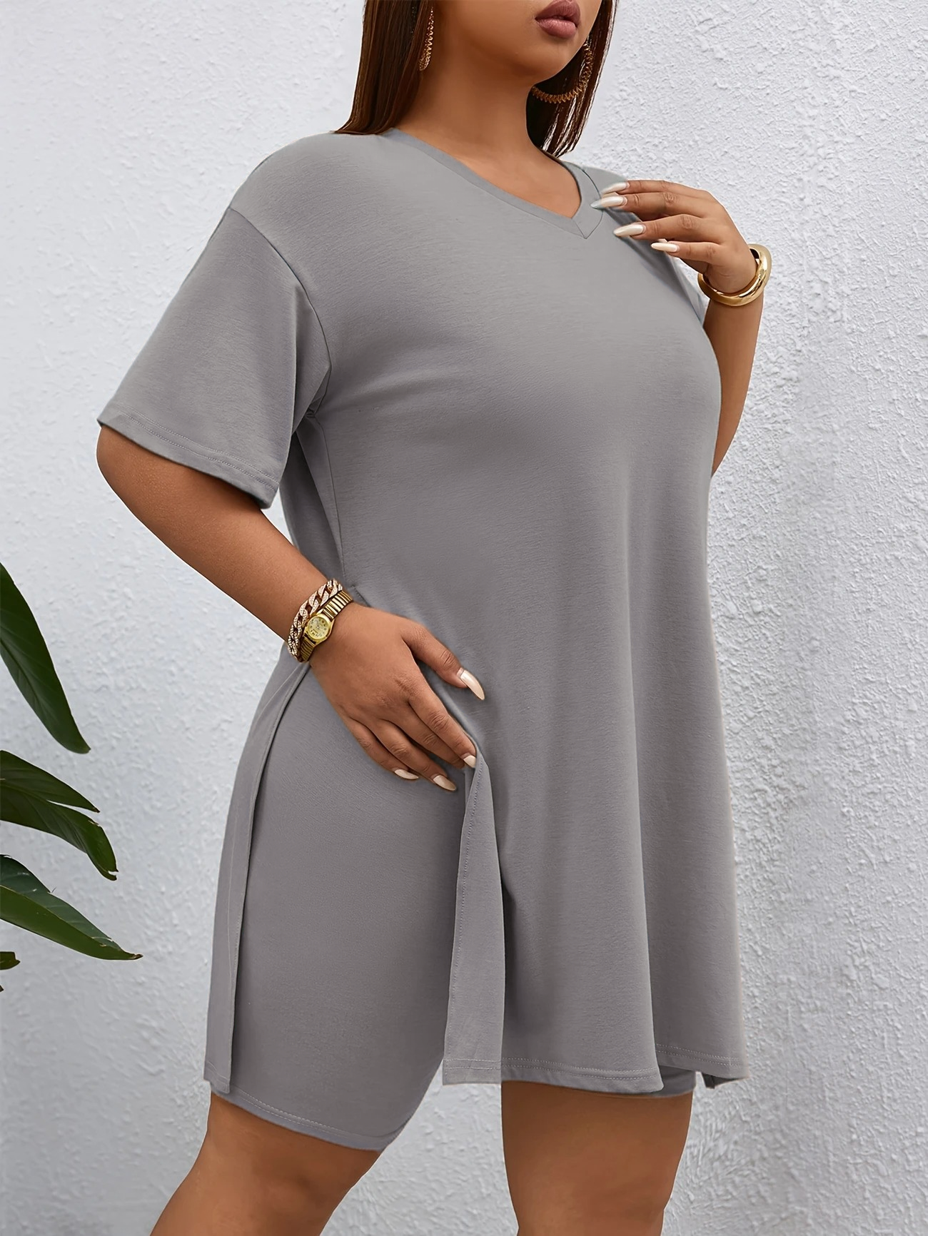 Women's 2-Piece Lounge Set Casual Oversized V-Neck Tops and High Waisted Shorts Set