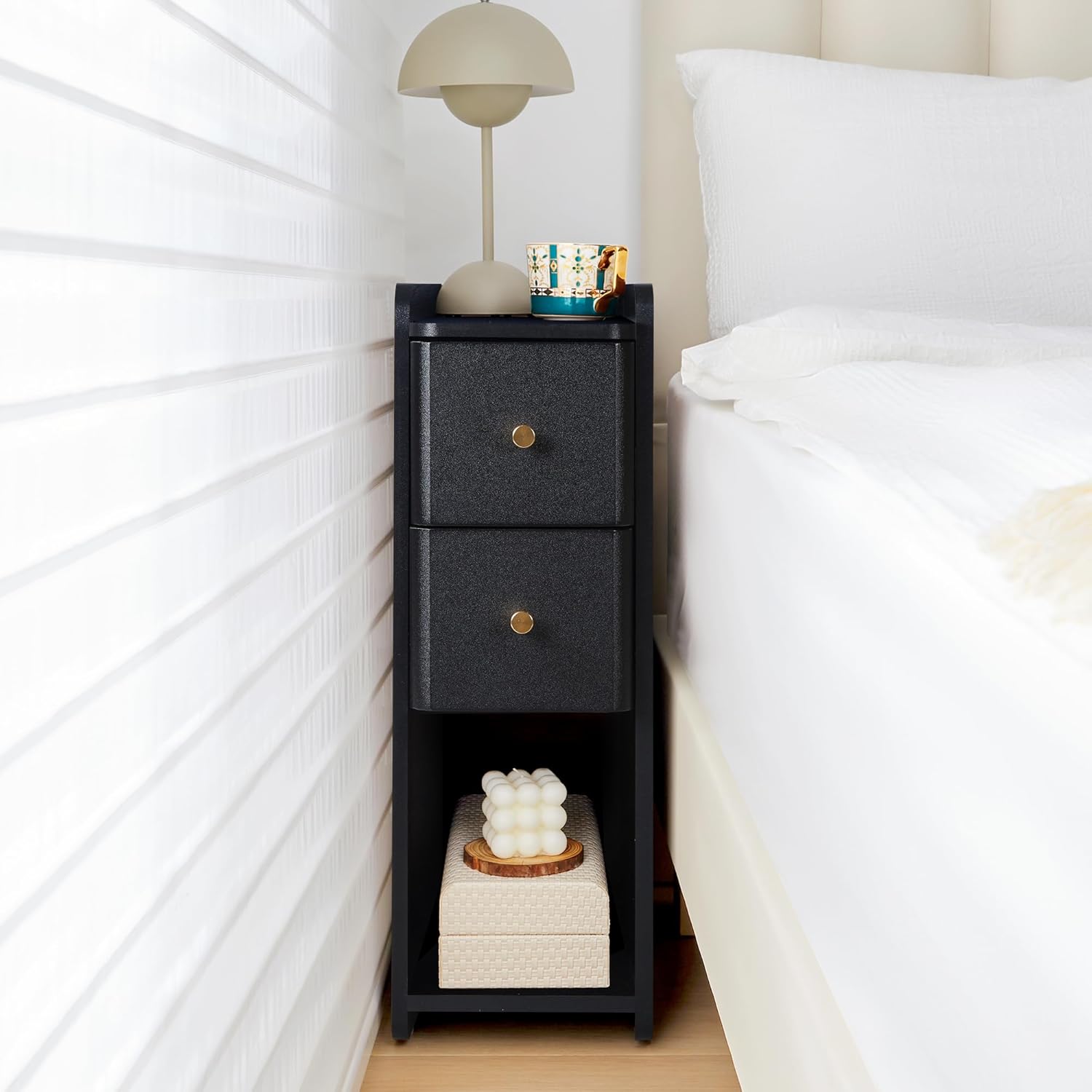 Narrow End Table Bedroom, Wooden Small 2 Drawer Nightstand, Thin Couch Side End Table, Skinny Bedside Table Small Spaces, Mid Century Modern Night Stand with Drawers (Walnut-1 pc)