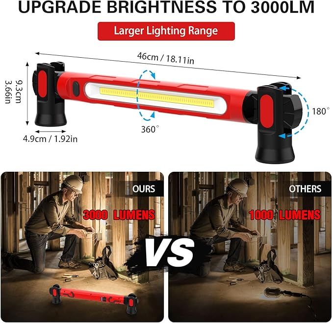 ERAY Faro LED Ricaricabile 3000LM, 6000mAh Lampada da Lavoro LED Ricaricabile, Lampada di Ispezione con Base Magnetica e Gancio 3 Modalità IP55, Faretto LED da Cantiere per Cofano/Garage/Officina