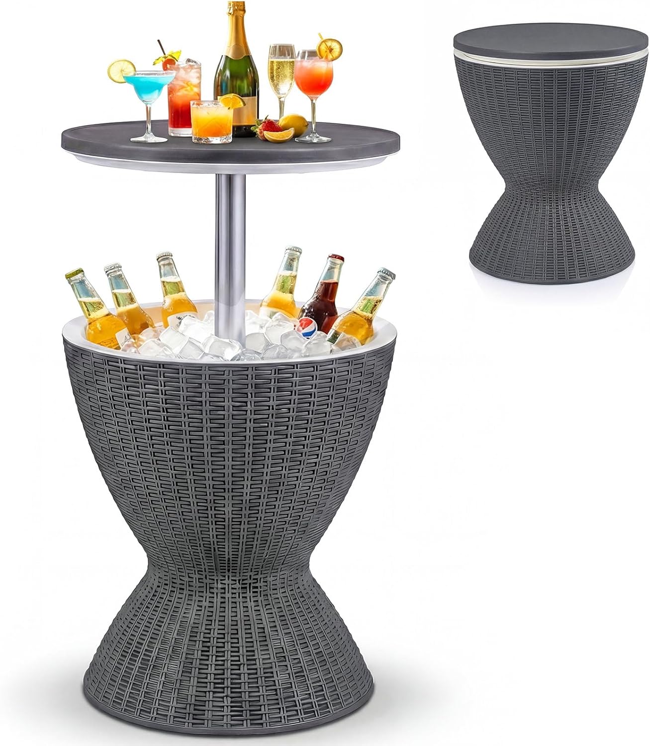 Giantex Outdoor Ice Cooler Side Table with Adjustable Height, 8 Gal Beverage Bucket with Drain Plug, Rattan Patio Bar Table for Poolside, Deck, BBQ & Backyard Parties