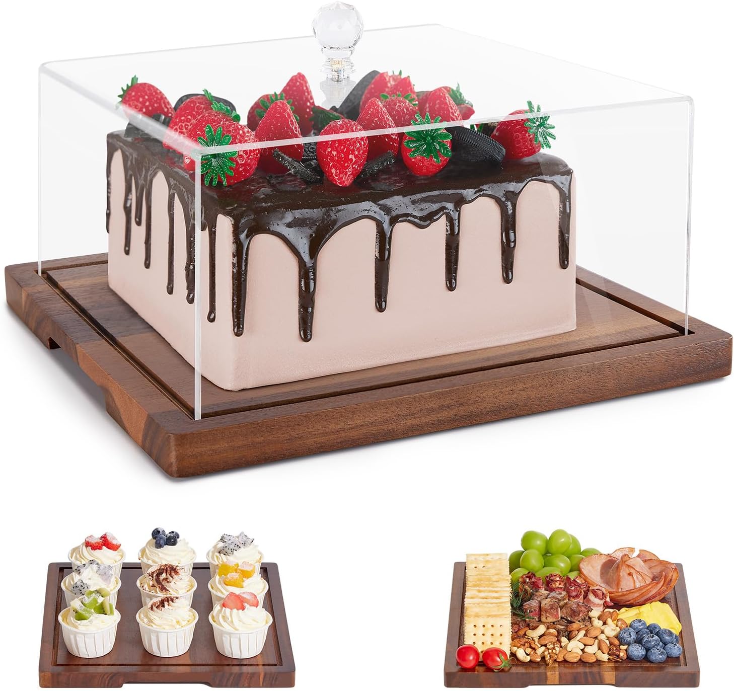 Acacia Wood Cake Stand with Lid-Extra Large 17" Rectangular Cake Holder,2-in-1 Dessert Table Display Set & Charcuterie Board,Acrylic Cake Dome Cover for Cheese/Veggie/Desert /Chips & Dip