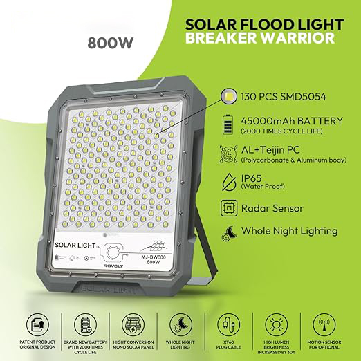 800 Watts LED Solar Flood Light with Remote Control & Motion Sensor | Aluminium Water Proof Body | 45000 mAh LiFePO4 Battery Solar Security Flood Light | 1 Year Warranty