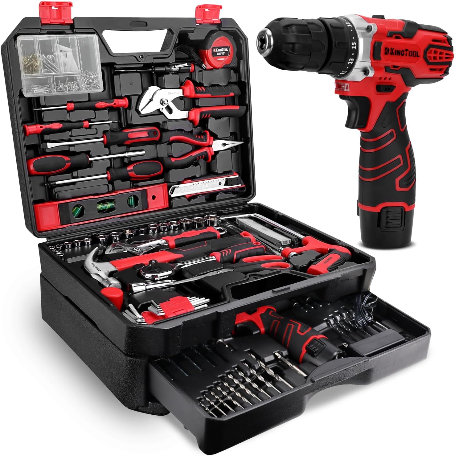 Tool 276-Piece Tool Set Kit - Tool kit with 12V Cordless Power Drill Driver Toolbox Storage Case with Drawer, Drill Set Perfect for Homeowner, Diyer, Handyman