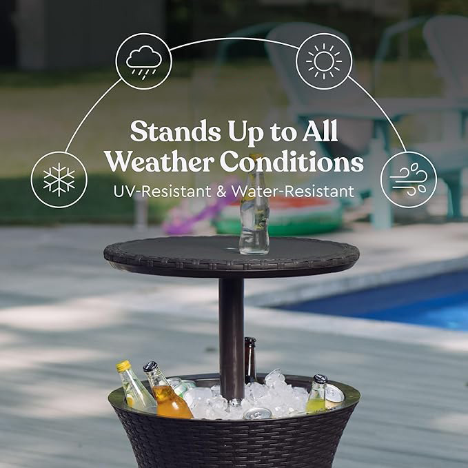 Giantex Outdoor Ice Cooler Side Table with Adjustable Height, 8 Gal Beverage Bucket with Drain Plug, Rattan Patio Bar Table for Poolside, Deck, BBQ & Backyard Parties