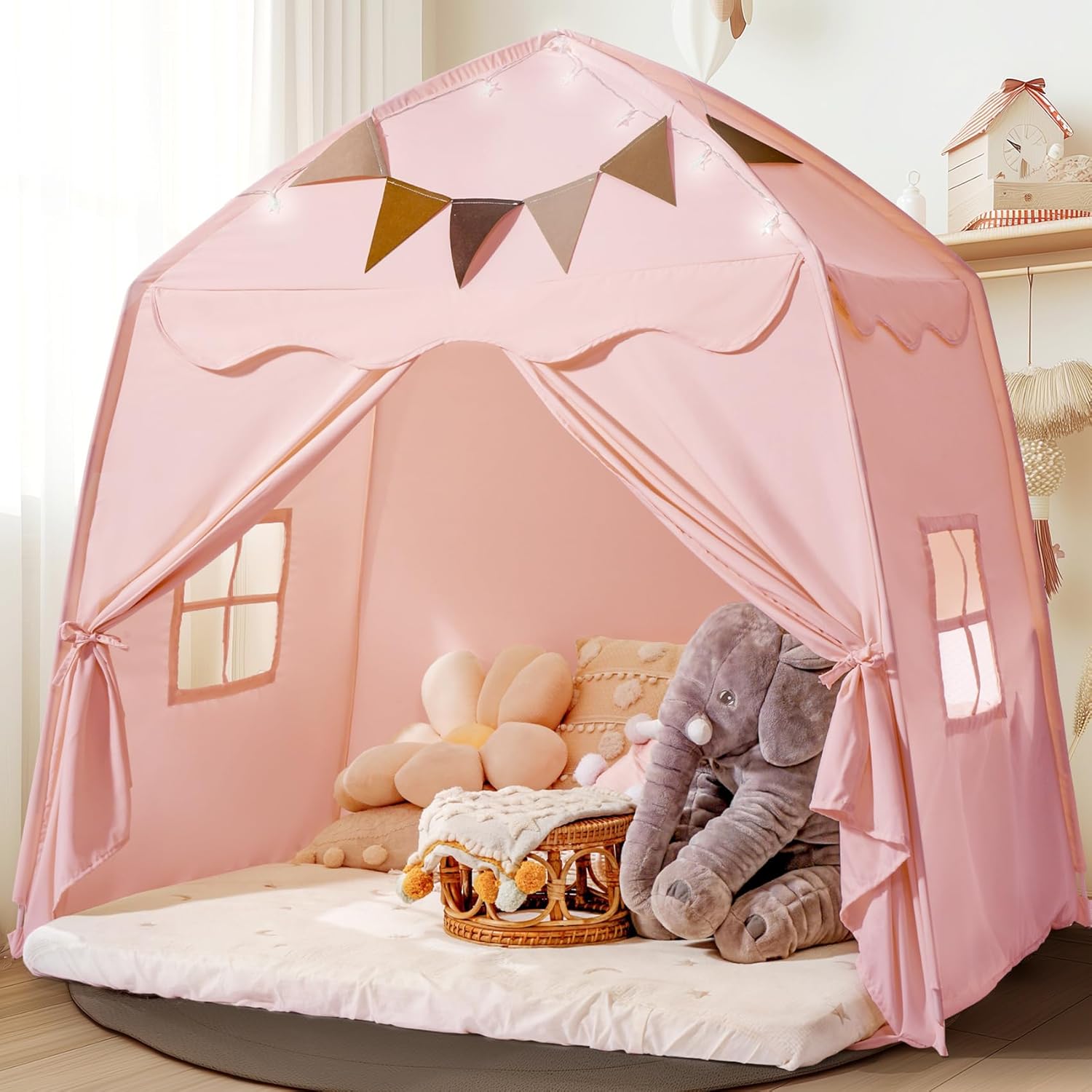 Little Dove Extra Large Kids Play Tent with Flags & Star Lights, Portable & Foldable Teepee, Bed Canopy for Boys & Girls, Indoor Outdoor JoyHut Dome Tent Playhouse, Birthday Gift, 59x39x59in, Brown