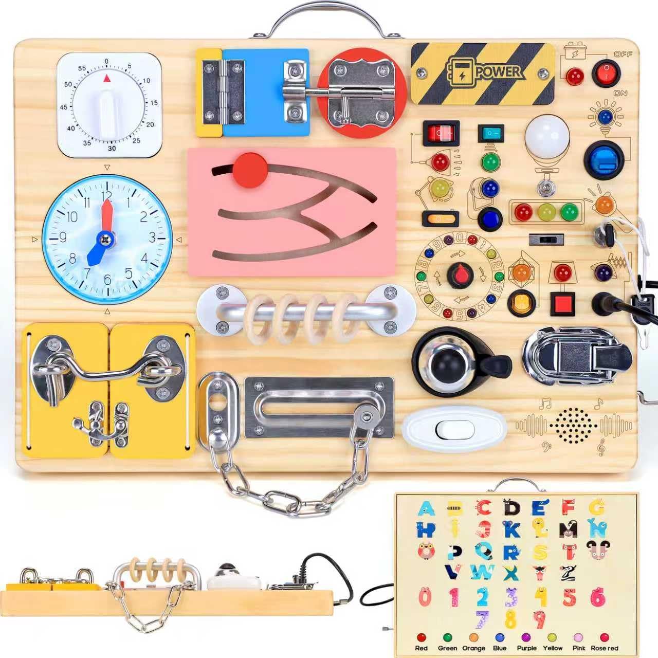 Busy Board with LED Light Switches, Montessori Toys for 1 2 3 Years Old, Toddlers Wooden Toy Sensory Activity Board, Travel Toys for 1+ Year Old Boy & Girl Birthday Gift