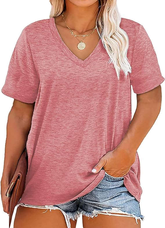 🔥Plus size v neck t shirt women short sleeve tops casual summer