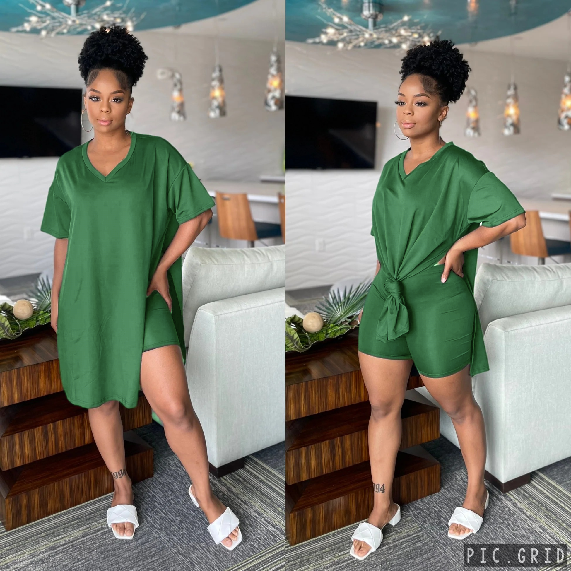 Women's 2-Piece Lounge Set Casual Oversized V-Neck Tops and High Waisted Shorts Set