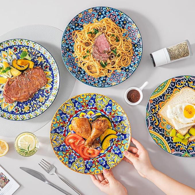 vancasso Dinner Plates Set of 6-10.5 Inch Ceramic Plates, Microwave, Oven and Dishwasher Safe, Colorful Bohemian Style Dishes for Kitchen