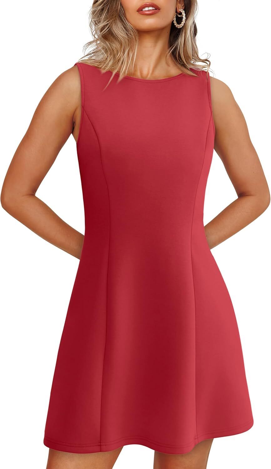 🌸Women's Summer A-Line Sleeveless Boat Neck Mini Dress Club Party Little Short Dresses