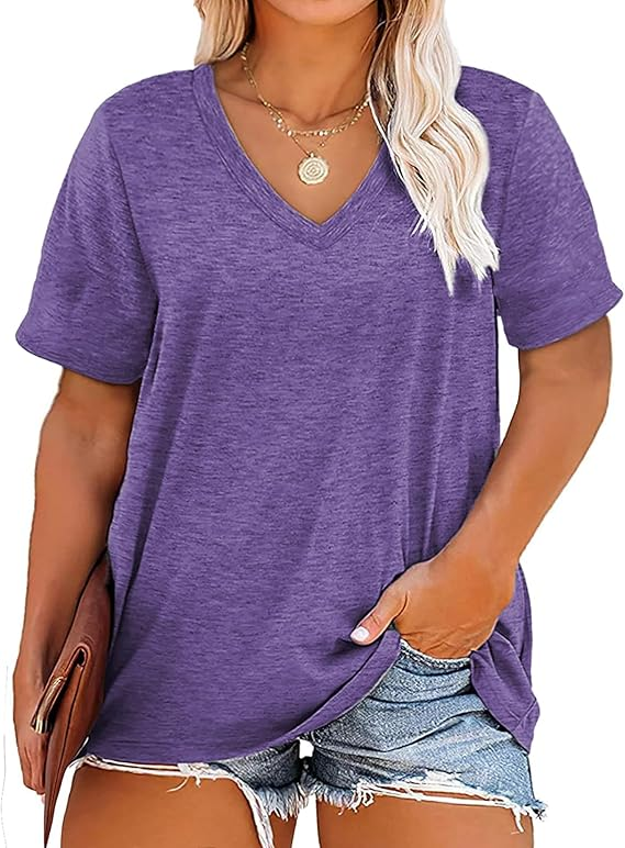 🔥Plus size v neck t shirt women short sleeve tops casual summer