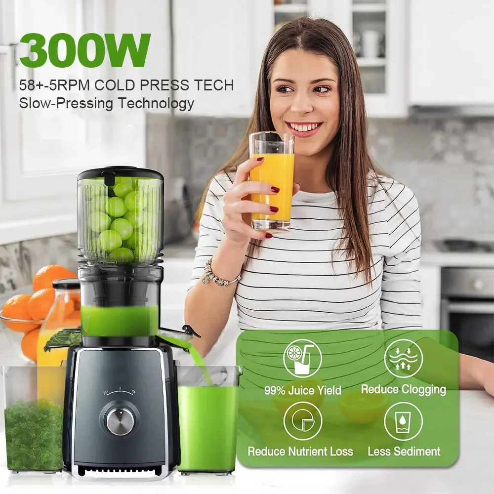 Cold Press Juicer with 5.3" Large Feed Chute 300W Professional Slow Masticating Juicer for Whole Vegetables & Fruits  Auto Pulp Separation, Quiet Motor  Easy to Clean for Batch Juicing