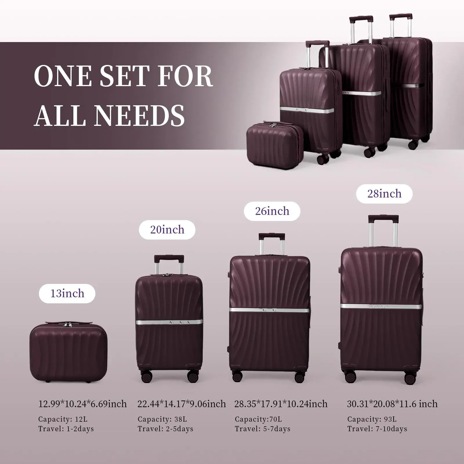 Complete 4-piece luggage set laid out showing all sizes