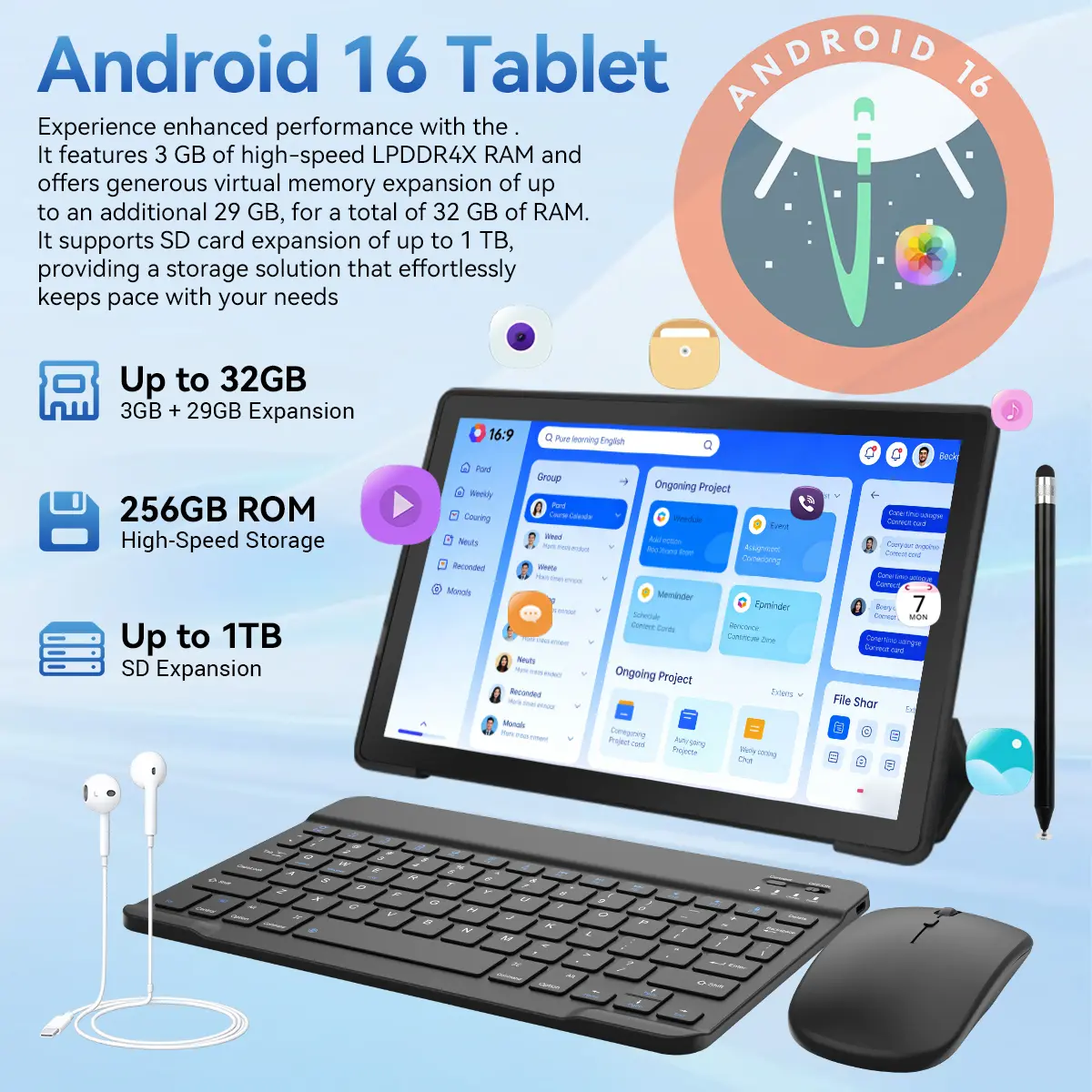 2026 Android 16 Tablet 11inch, Face Unlock, 32GB+256GB+1TB Expand, Octa-core CPU, 7800mAh Large Battery, WiFi6, Touchscreen Display, Widevine L1,Black