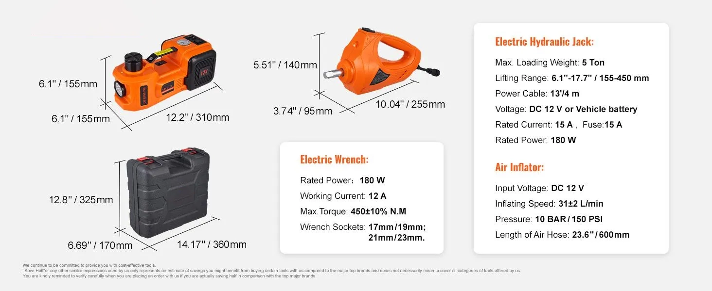 VEVOR  Electric Car Jack Set, Summervibes,Summervibes, Max 5 Ton/11023 LBS Hydraulic Jack/Scissor Jack with Electric Impact Wrench, Built-in Inflatable Pump and LED Light, Portable Car Lift for SUV MPV Sedan Truck Change Tires Garage Repair