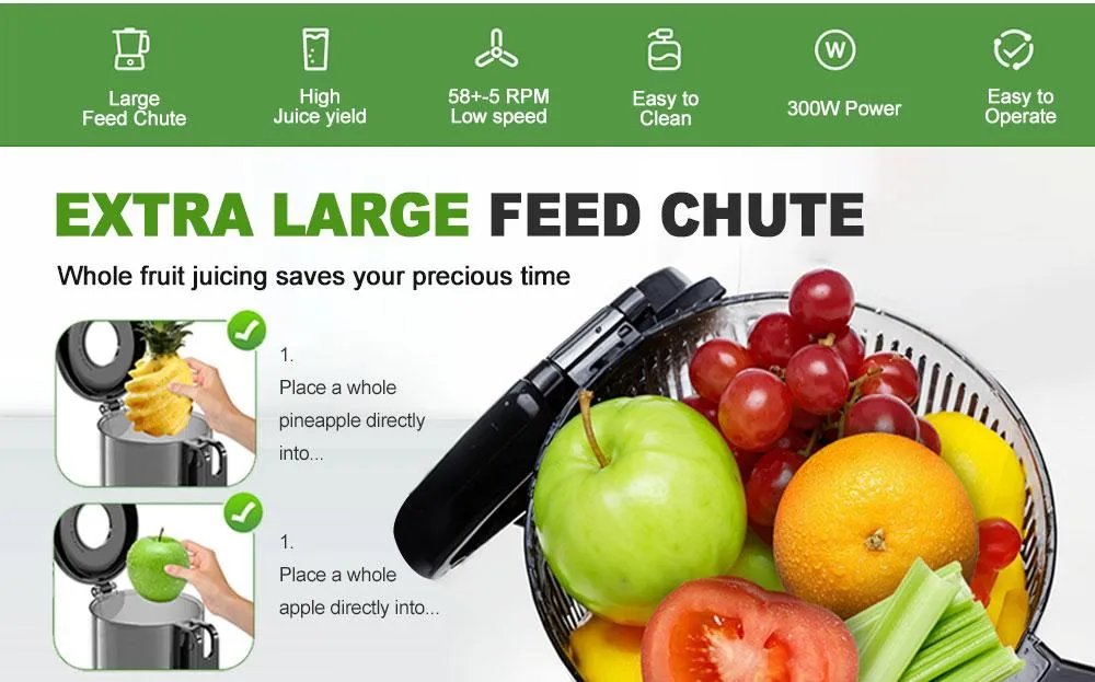 Cold Press Juicer with 5.3" Large Feed Chute 300W Professional Slow Masticating Juicer for Whole Vegetables & Fruits  Auto Pulp Separation, Quiet Motor  Easy to Clean for Batch Juicing