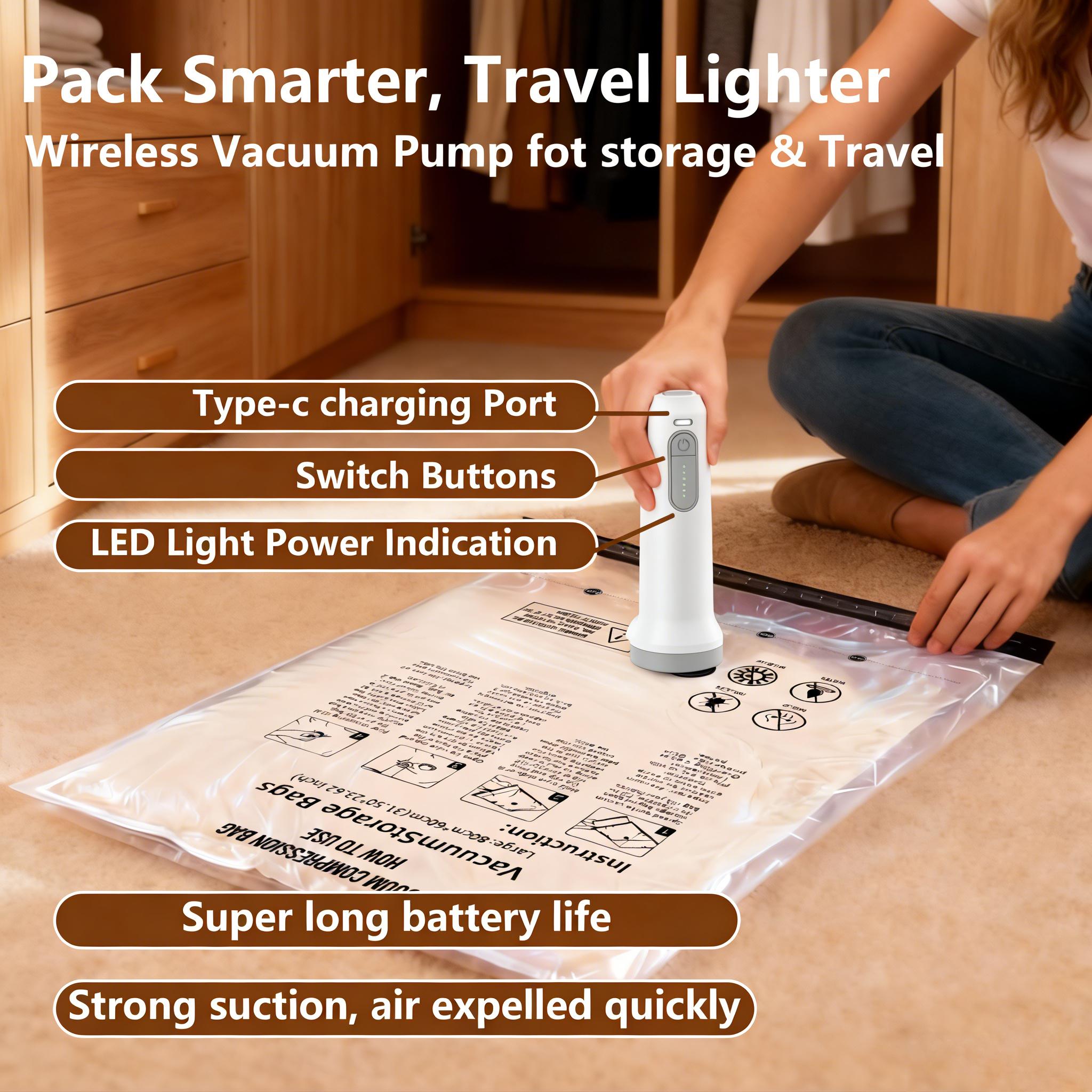 Snofrid Cordless Travel Vacuum Storage Compression Bag Set &ndash; 15-Pack in 3 Sizes &ndash; USB Rechargeable Handheld Pump with Built-In Battery &ndash; Waterproof & Reusable Space Saver for Clothes & Packing, Perfect for Carry-On Suitcases
