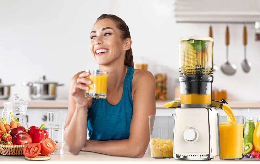 SPZTJK Cold Press Juicer with 5.3" Large Feed Chute 300W Professional Slow Masticating Juicer for Whole Vegetables & Fruits  Auto Pulp Separation, Quiet Motor  Easy to Clean for Batch Juicing