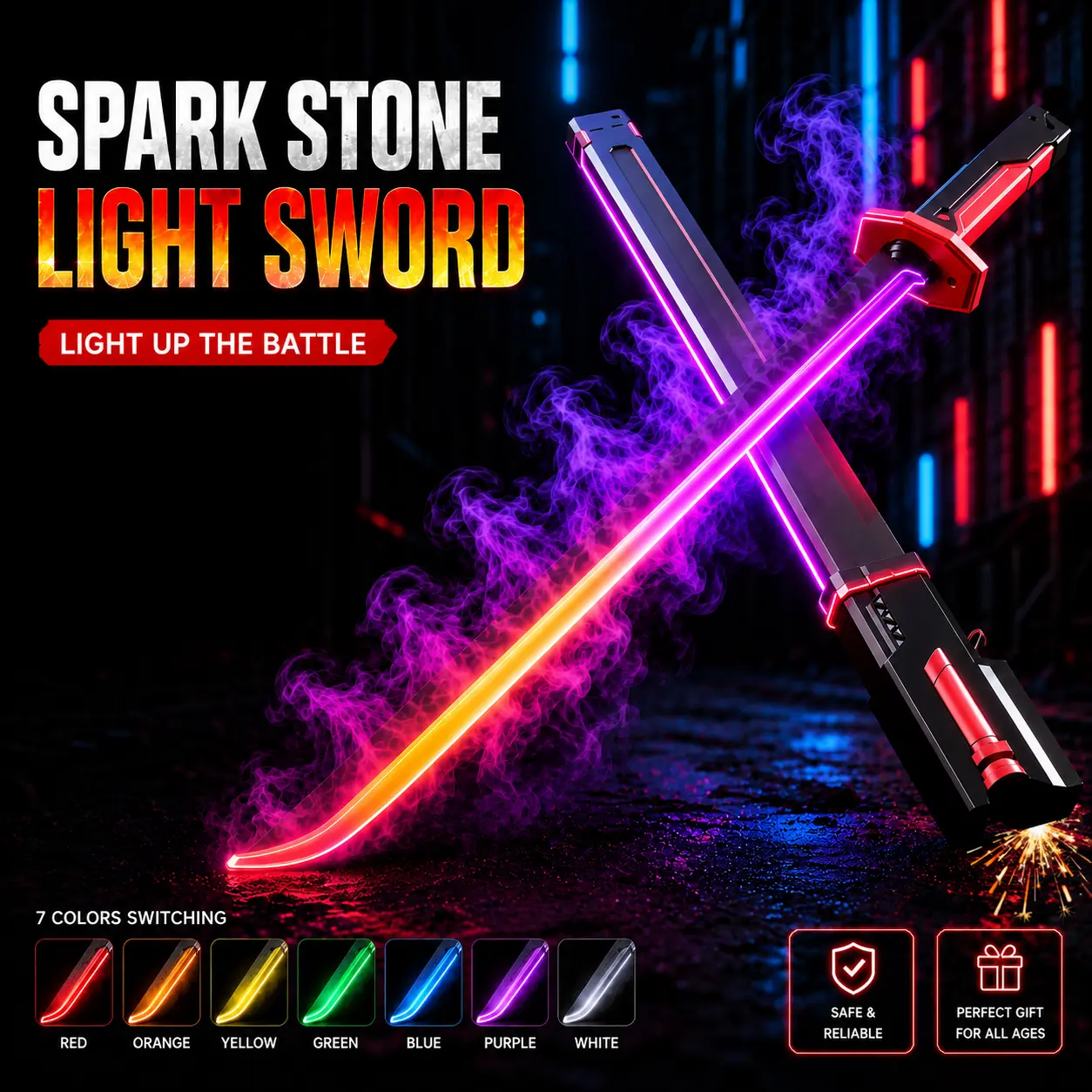 SparkBlade Samurai LED Lightsaber Toy Cyberpunk Katana - 29" Light-Up PropforCosplay, Raves & Festivals RGB swords for kids, Gift summervibes Party Birthday