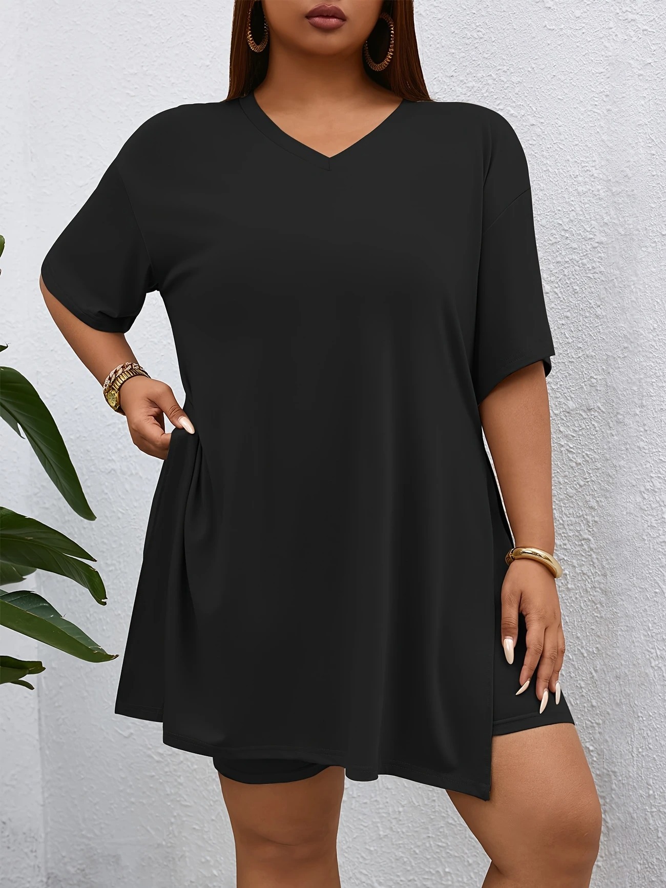Women's 2-Piece Lounge Set Casual Oversized V-Neck Tops and High Waisted Shorts Set