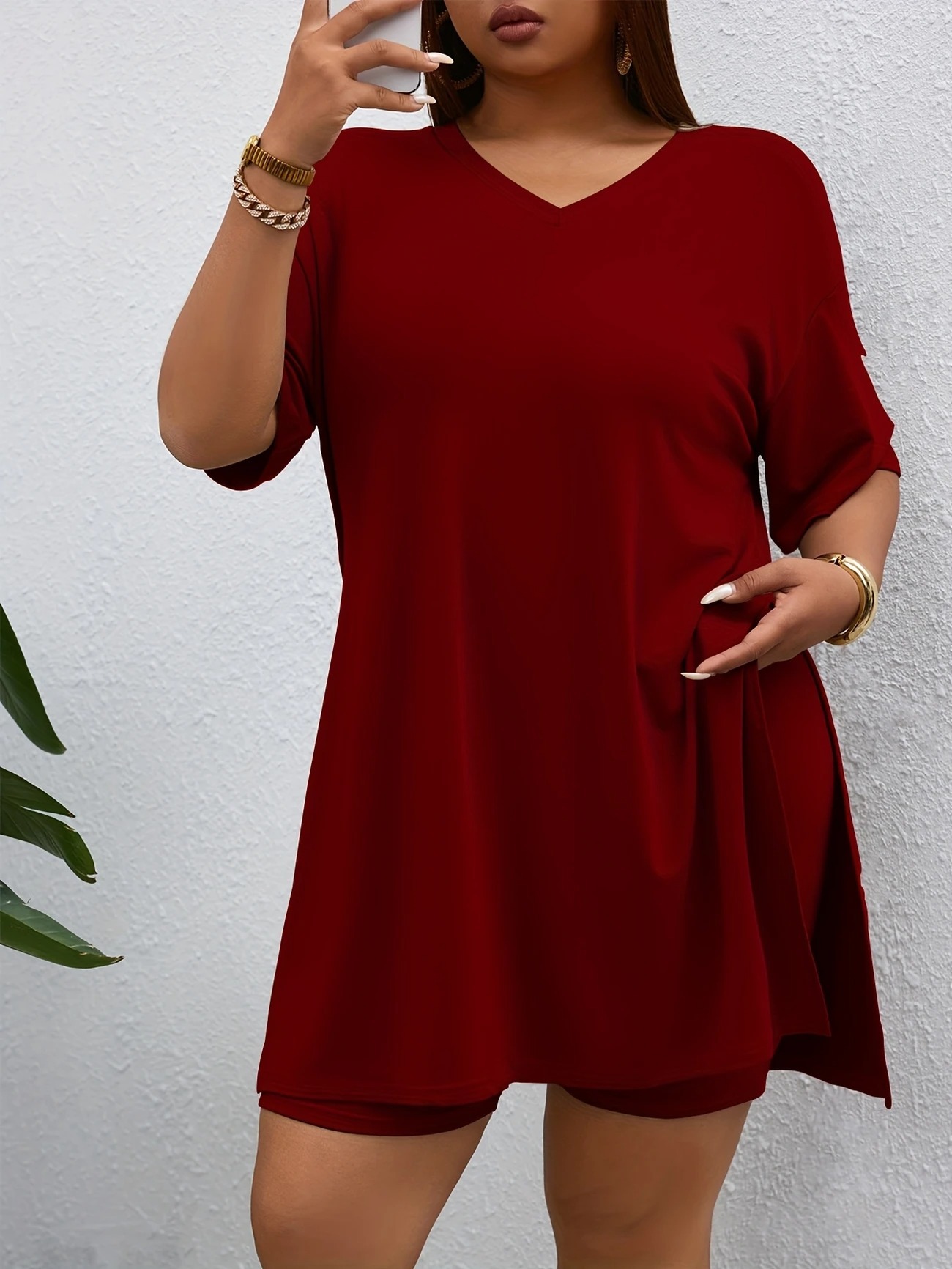 Women's 2-Piece Lounge Set Casual Oversized V-Neck Tops and High Waisted Shorts Set