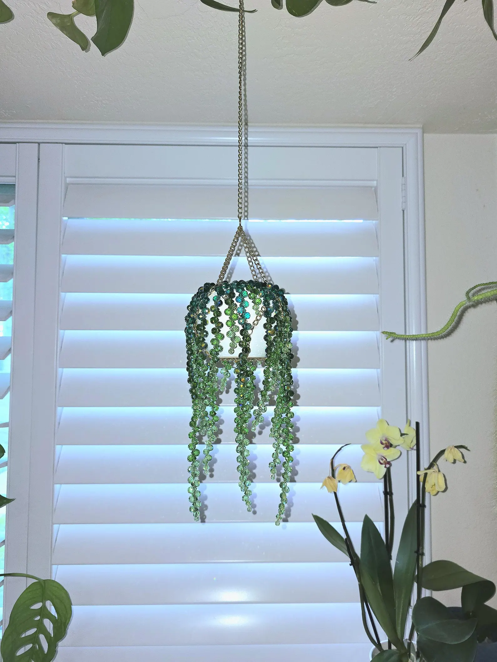 Large White Ceramic Pot Beaded Plant Suncatcher - Longer Strands