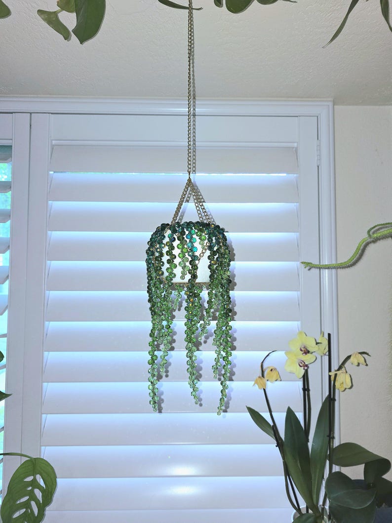 Large White Ceramic Pot Beaded Plant Suncatcher - Longer Strands