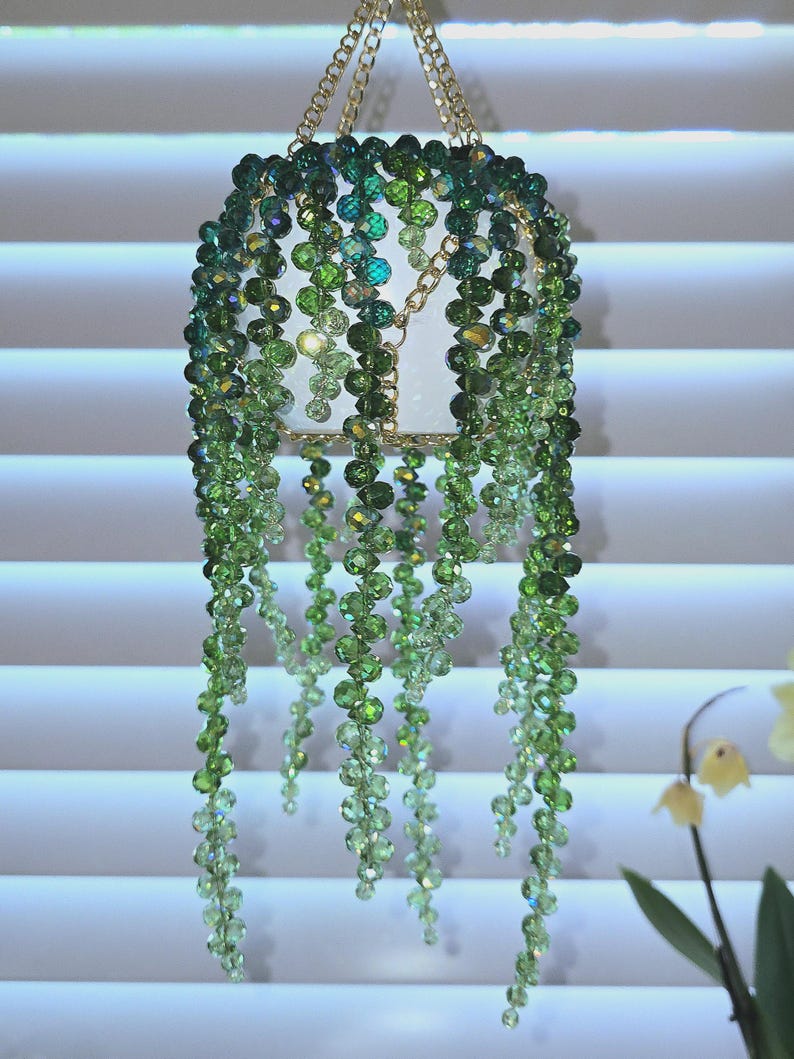 Large White Ceramic Pot Beaded Plant Suncatcher - Longer Strands