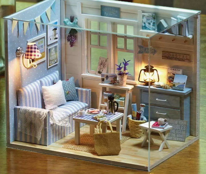 Lannso DIY Dollhouse Miniature Wooden Furniture Kit, Doll House Kit with Dust Proof Cover Music Box, Mini Handmade Wooden Dollhouse Toys for Adult Gift(L32)