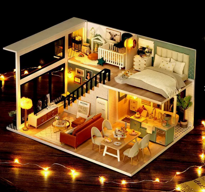 Lannso DIY Dollhouse Miniature Wooden Furniture Kit, Doll House Kit with Dust Proof Cover Music Box, Mini Handmade Wooden Dollhouse Toys for Adult Gift(L32)