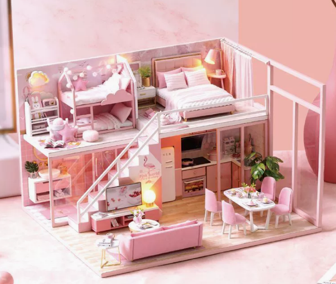 Lannso DIY Dollhouse Miniature Wooden Furniture Kit, Doll House Kit with Dust Proof Cover Music Box, Mini Handmade Wooden Dollhouse Toys for Adult Gift(L32)