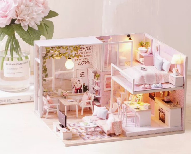 Lannso DIY Dollhouse Miniature Wooden Furniture Kit, Doll House Kit with Dust Proof Cover Music Box, Mini Handmade Wooden Dollhouse Toys for Adult Gift(L32)