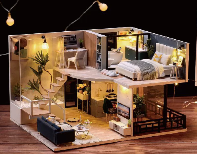 Lannso DIY Dollhouse Miniature Wooden Furniture Kit, Doll House Kit with Dust Proof Cover Music Box, Mini Handmade Wooden Dollhouse Toys for Adult Gift(L32)