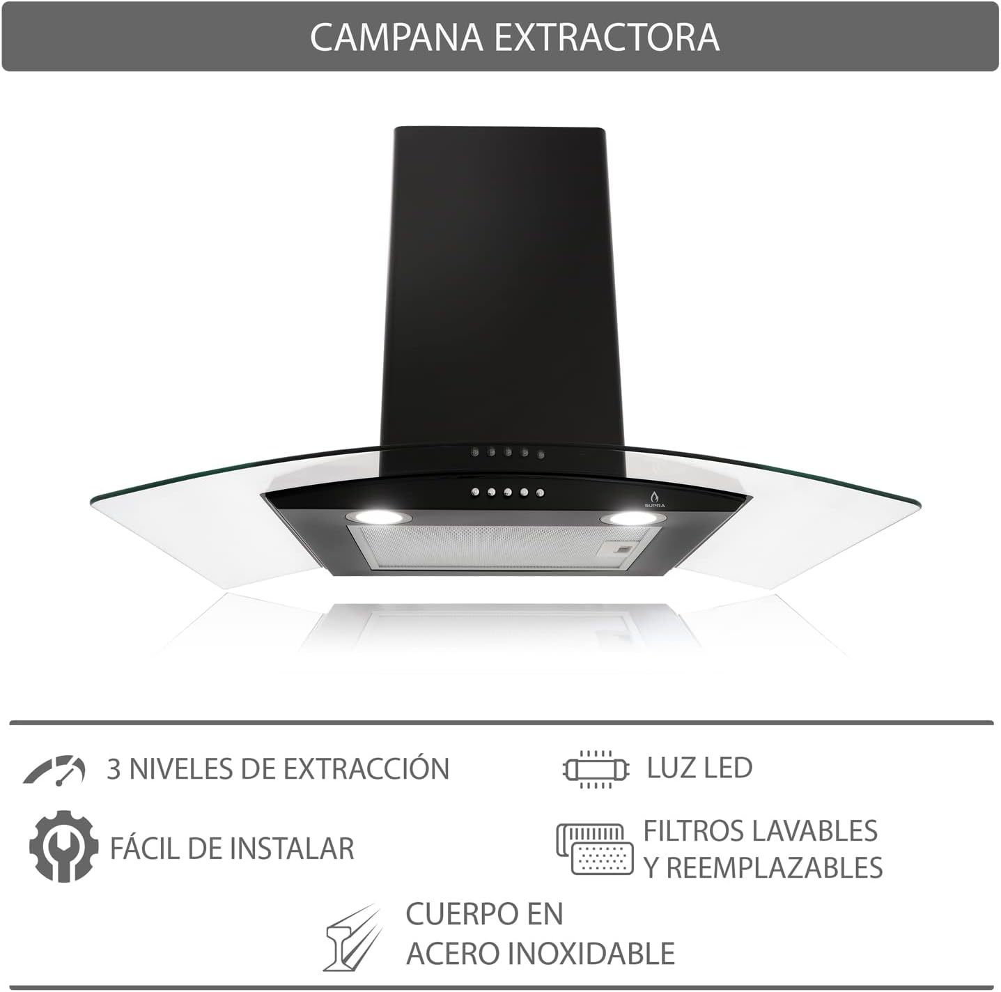 Combo Empotrable Rotwand, Parrilla a Gas de 5 Quemadores Mod. BRIONI, Campana Extractora de Pared con Cristal Curvo Decorativo de tipo pared de 76 cm Mod. CC-76-BLACK.