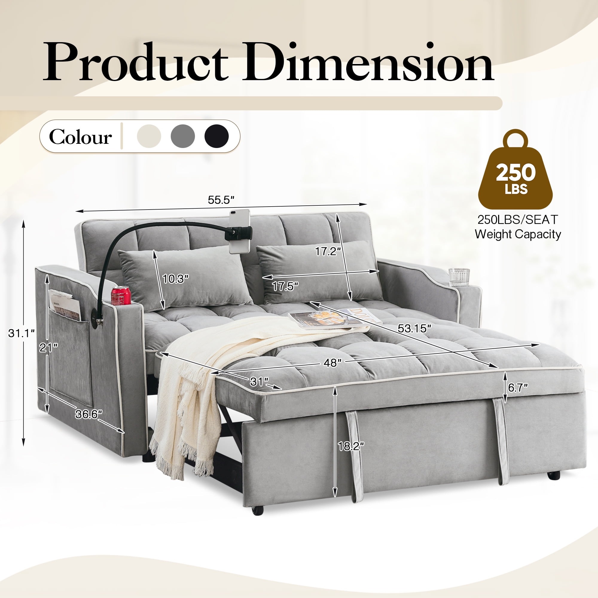 Sofá Cama Convertible 3 en 1, Loveseat Cama Nido con Soporte para Teléfono