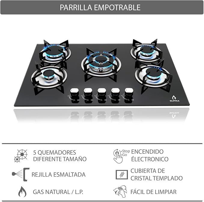 Combo Empotrable Rotwand, Parrilla a Gas de 5 Quemadores Mod. BRIONI, Campana Extractora de Pared con Cristal Curvo Decorativo de tipo pared de 76 cm Mod. CC-76-BLACK.