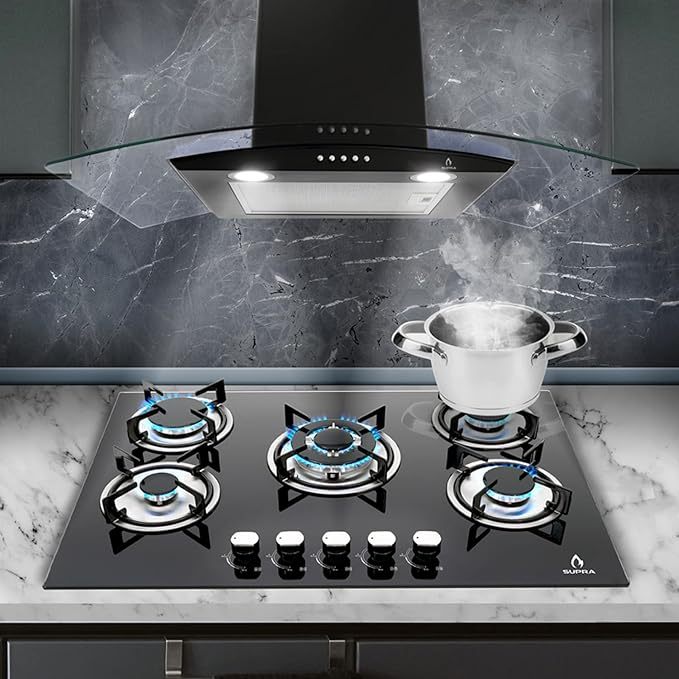 Combo Empotrable Rotwand, Parrilla a Gas de 5 Quemadores Mod. BRIONI, Campana Extractora de Pared con Cristal Curvo Decorativo de tipo pared de 76 cm Mod. CC-76-BLACK.