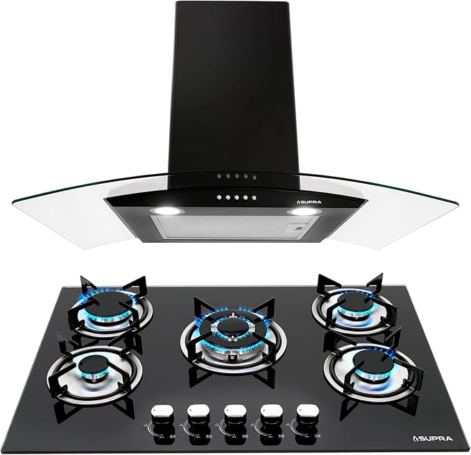 Combo Empotrable Rotwand, Parrilla a Gas de 5 Quemadores Mod. BRIONI, Campana Extractora de Pared con Cristal Curvo Decorativo de tipo pared de 76 cm Mod. CC-76-BLACK.