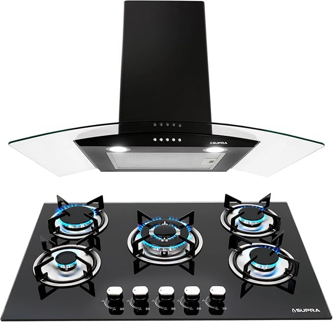 Combo Empotrable Rotwand, Parrilla a Gas de 5 Quemadores Mod. BRIONI, Campana Extractora de Pared con Cristal Curvo Decorativo de tipo pared de 76 cm Mod. CC-76-BLACK.
