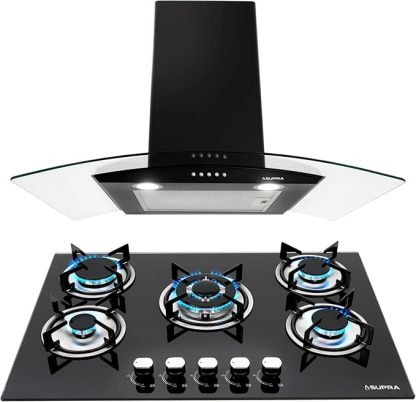 Combo Empotrable Rotwand, Parrilla a Gas de 5 Quemadores Mod. BRIONI, Campana Extractora de Pared con Cristal Curvo Decorativo de tipo pared de 76 cm Mod. CC-76-BLACK.