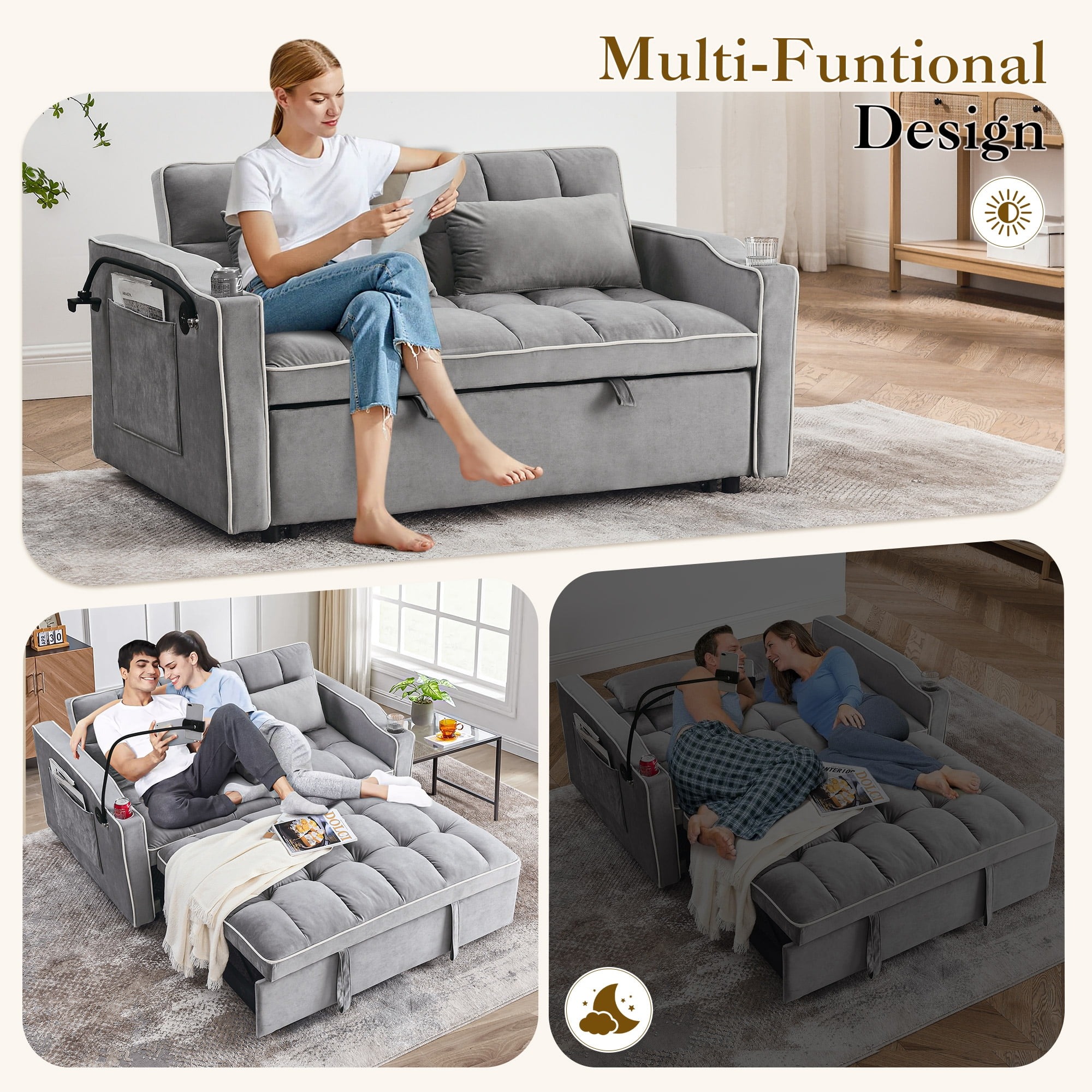Sofá Cama Convertible 3 en 1, Loveseat Cama Nido con Soporte para Teléfono