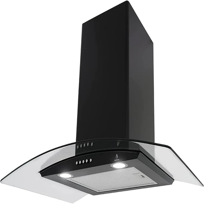 Combo Empotrable Rotwand, Parrilla a Gas de 5 Quemadores Mod. BRIONI, Campana Extractora de Pared con Cristal Curvo Decorativo de tipo pared de 76 cm Mod. CC-76-BLACK.