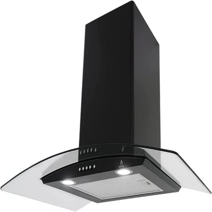 Combo Empotrable Rotwand, Parrilla a Gas de 5 Quemadores Mod. BRIONI, Campana Extractora de Pared con Cristal Curvo Decorativo de tipo pared de 76 cm Mod. CC-76-BLACK.