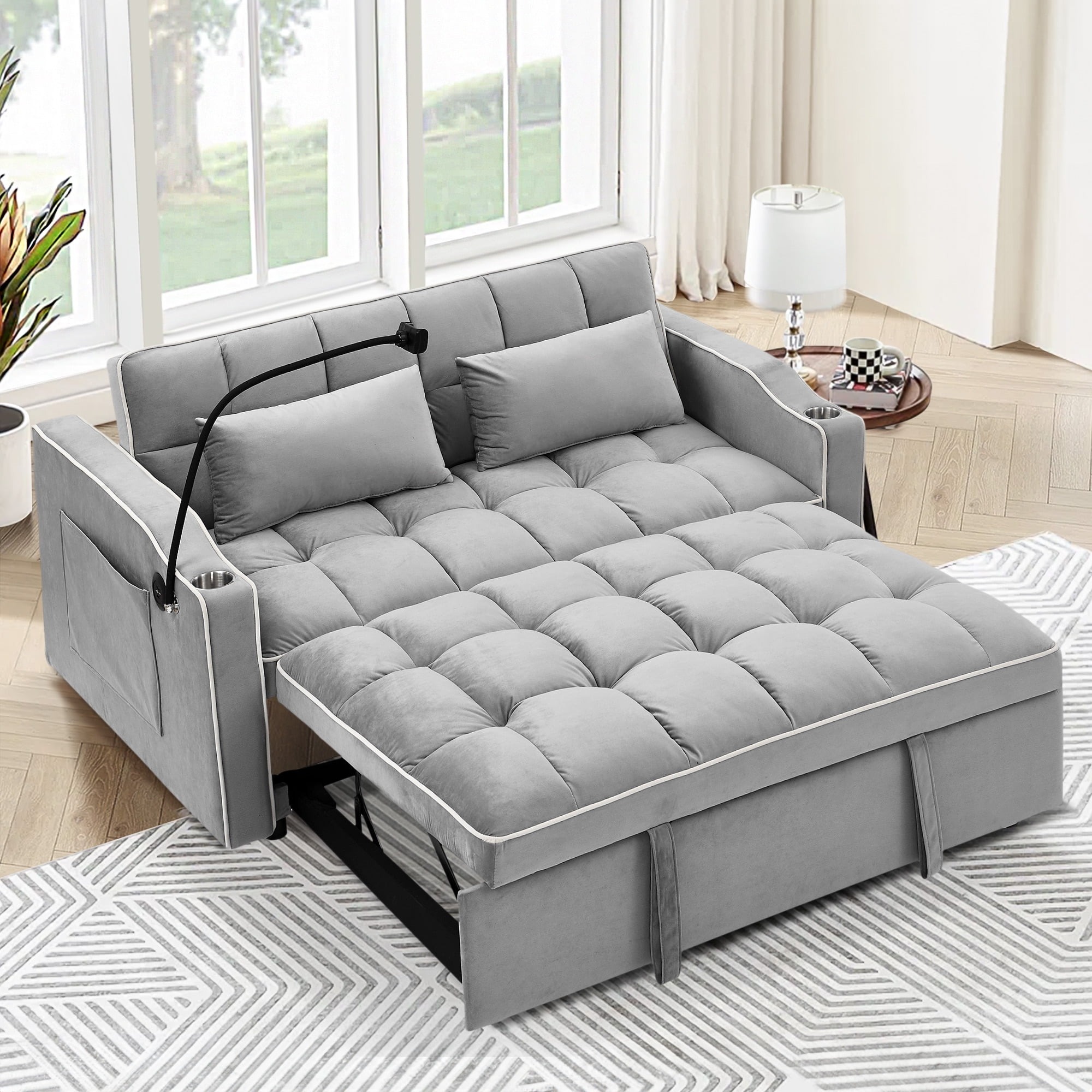 Sofá Cama Convertible 3 en 1, Loveseat Cama Nido con Soporte para Teléfono