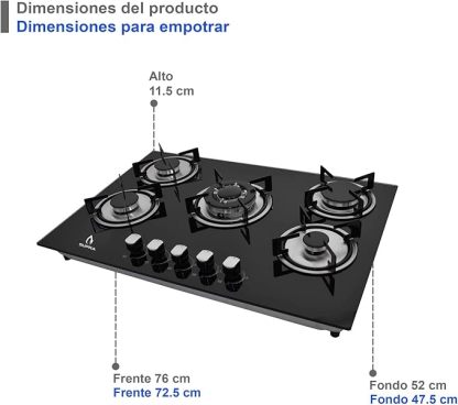 Combo Empotrable Rotwand, Parrilla a Gas de 5 Quemadores Mod. BRIONI, Campana Extractora de Pared con Cristal Curvo Decorativo de tipo pared de 76 cm Mod. CC-76-BLACK.