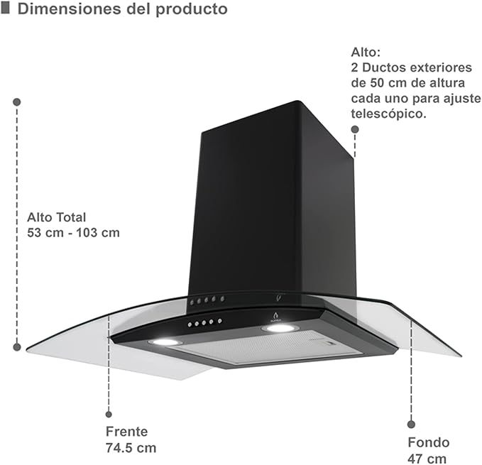 Combo Empotrable Rotwand, Parrilla a Gas de 5 Quemadores Mod. BRIONI, Campana Extractora de Pared con Cristal Curvo Decorativo de tipo pared de 76 cm Mod. CC-76-BLACK.