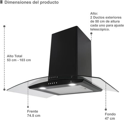 Combo Empotrable Rotwand, Parrilla a Gas de 5 Quemadores Mod. BRIONI, Campana Extractora de Pared con Cristal Curvo Decorativo de tipo pared de 76 cm Mod. CC-76-BLACK.