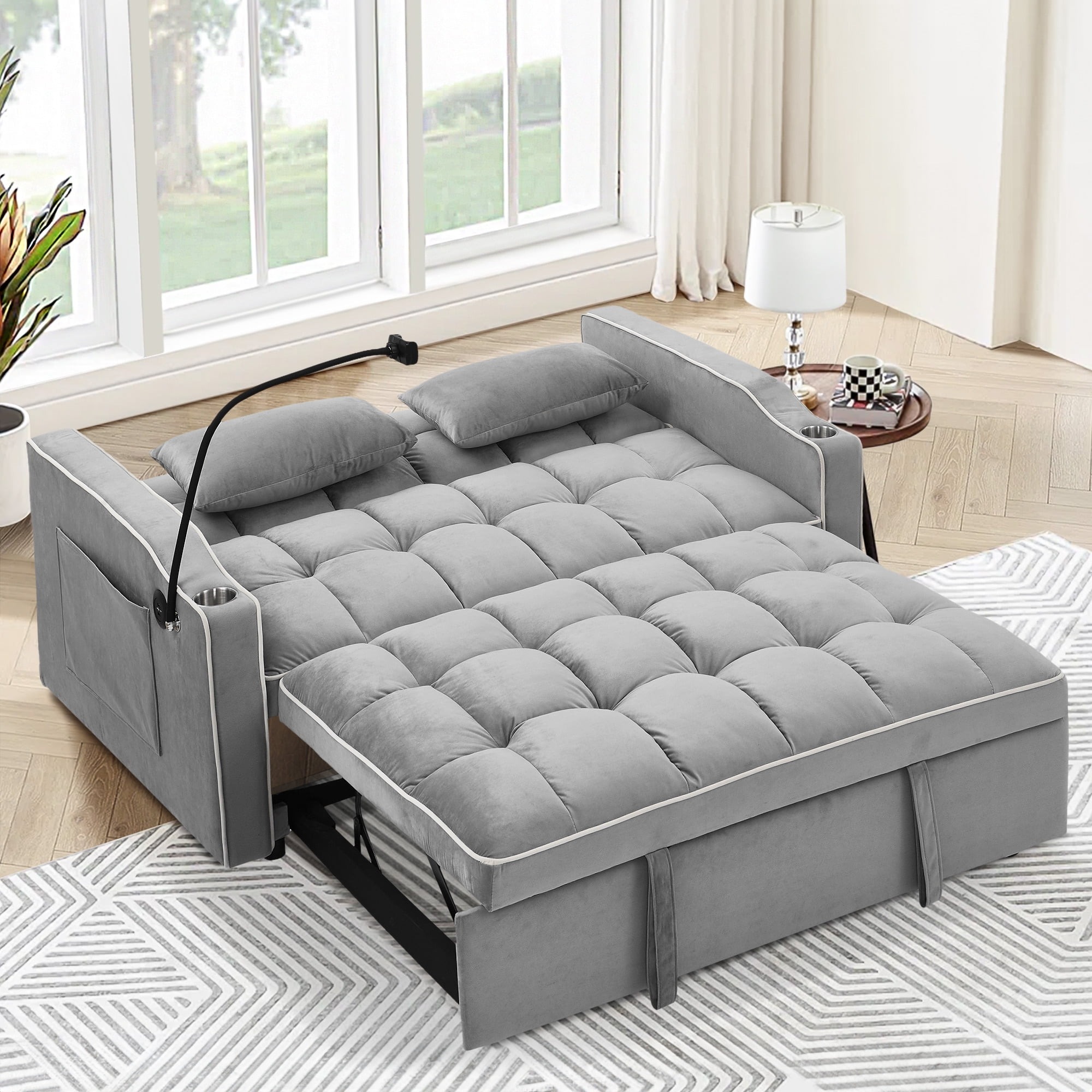 Sofá Cama Convertible 3 en 1, Loveseat Cama Nido con Soporte para Teléfono